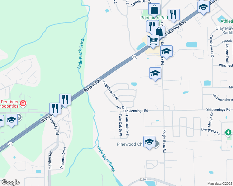 map of restaurants, bars, coffee shops, grocery stores, and more near 3253 Merganzer Trail in Orange Park