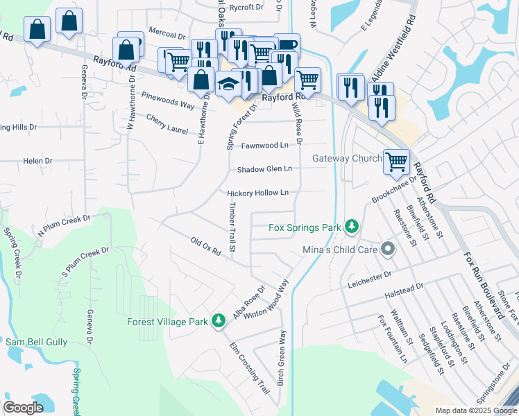 map of restaurants, bars, coffee shops, grocery stores, and more near 2322 Village Leaf Drive in Spring