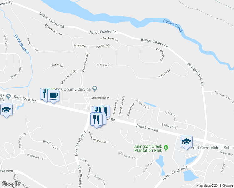 map of restaurants, bars, coffee shops, grocery stores, and more near 623 Southbranch Drive in Jacksonville