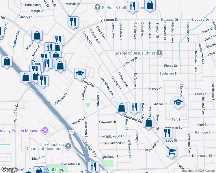 map of restaurants, bars, coffee shops, grocery stores, and more near 4265 Woodlawn Street in Beaumont
