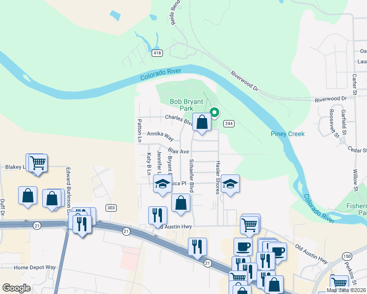 map of restaurants, bars, coffee shops, grocery stores, and more near 620 Blair Avenue in Bastrop
