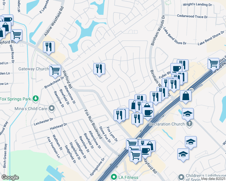map of restaurants, bars, coffee shops, grocery stores, and more near 29237 Legends Valley Drive in Spring