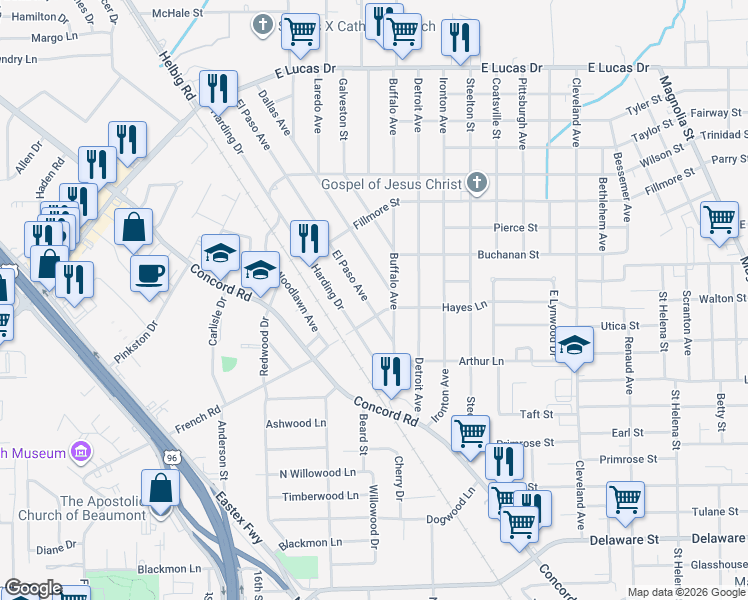 map of restaurants, bars, coffee shops, grocery stores, and more near 4050 El Paso Avenue in Beaumont