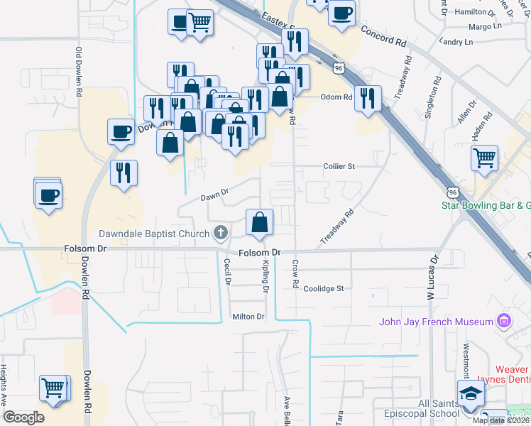 map of restaurants, bars, coffee shops, grocery stores, and more near 3910 Kipling Drive in Beaumont