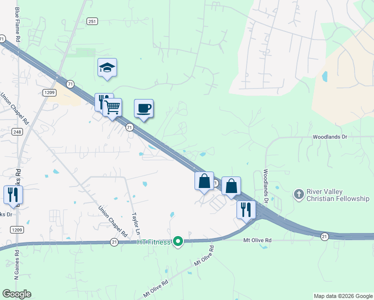 map of restaurants, bars, coffee shops, grocery stores, and more near 1366 Texas 71 in Bastrop