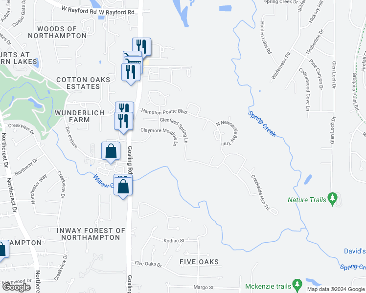 map of restaurants, bars, coffee shops, grocery stores, and more near 5331 Glenfield Spring Lane in Spring