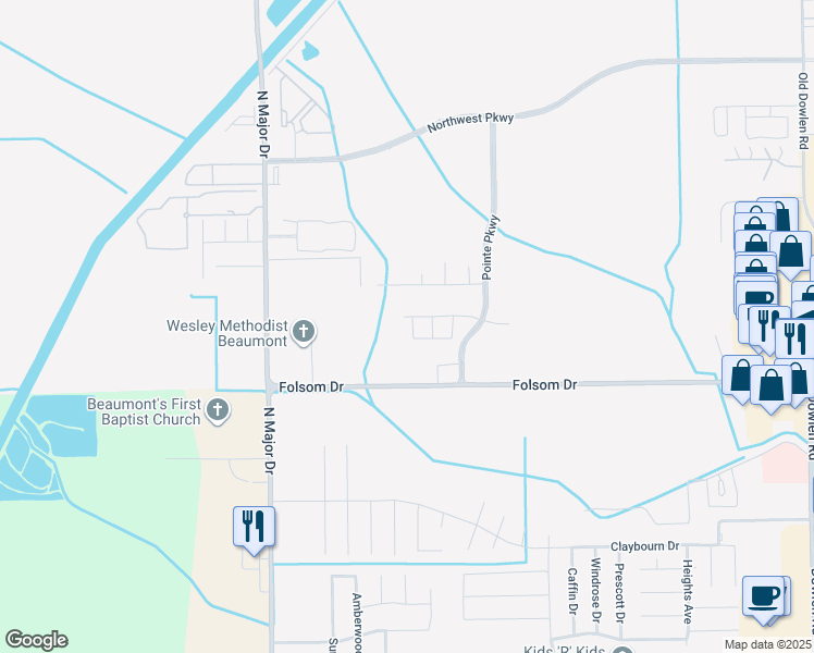 map of restaurants, bars, coffee shops, grocery stores, and more near 3585 Pointe Parkway in Beaumont