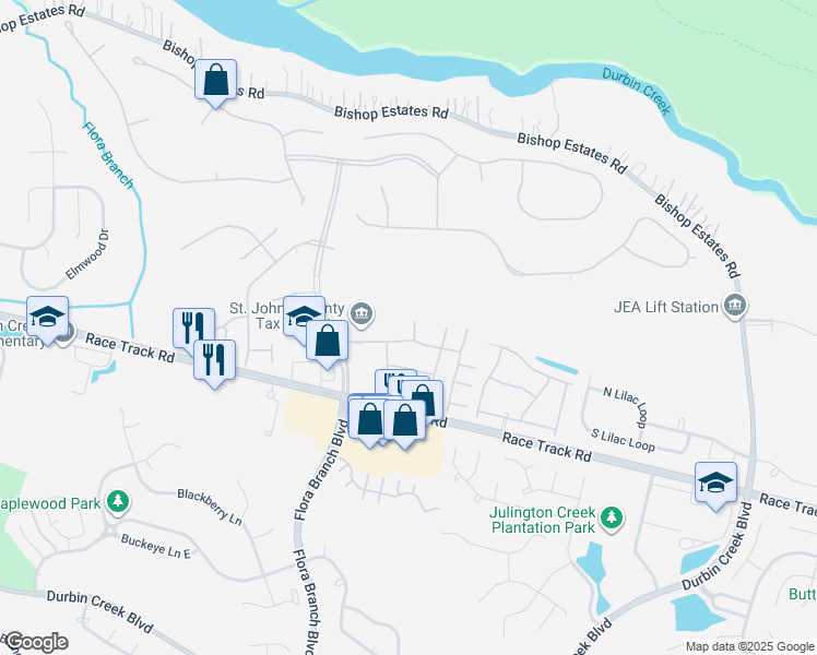 map of restaurants, bars, coffee shops, grocery stores, and more near 215 Northbridge Court in Jacksonville