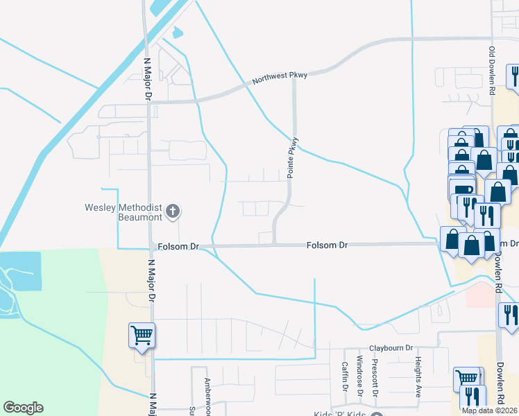 map of restaurants, bars, coffee shops, grocery stores, and more near 3880 Central Pointe Drive in Beaumont