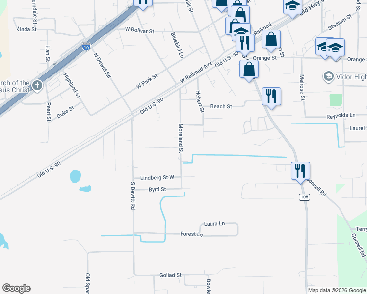 map of restaurants, bars, coffee shops, grocery stores, and more near 570 Moreland Street in Vidor