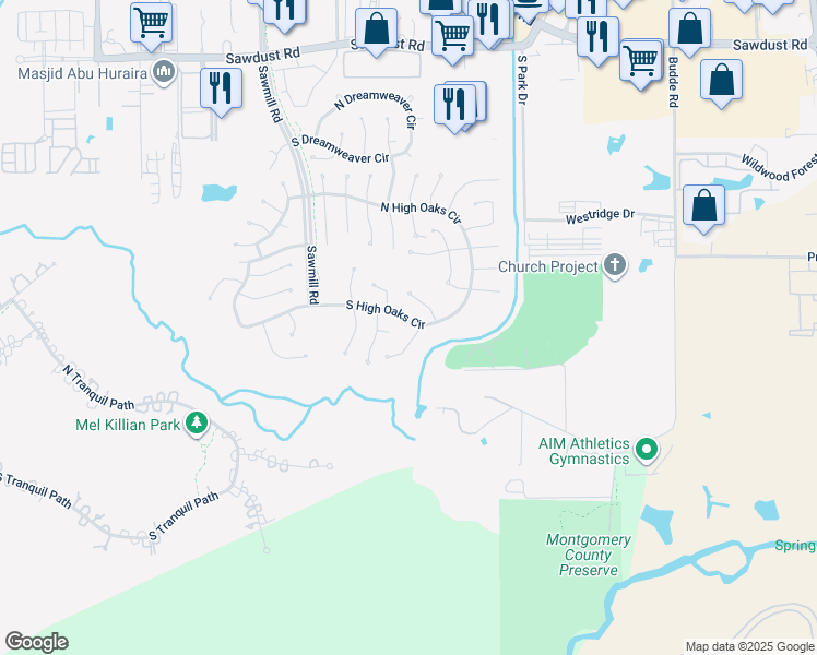 map of restaurants, bars, coffee shops, grocery stores, and more near 36 South High Oaks Circle in Spring