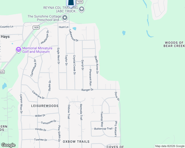 map of restaurants, bars, coffee shops, grocery stores, and more near 12611 Pheasant Run in Buda