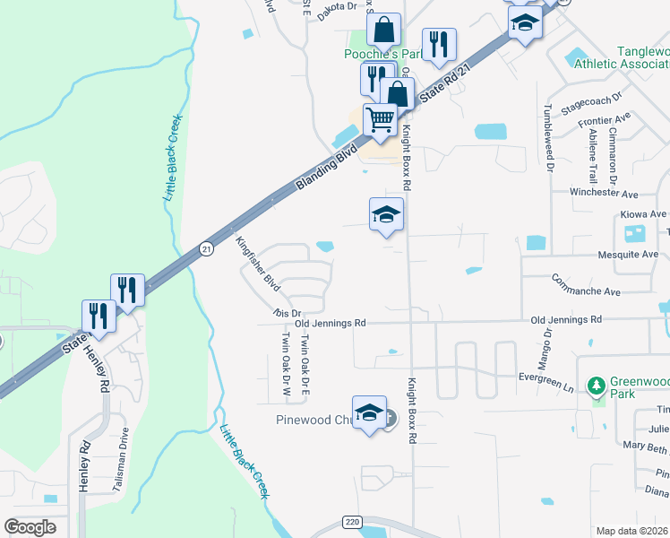 map of restaurants, bars, coffee shops, grocery stores, and more near 1533 Ibis Drive in Orange Park