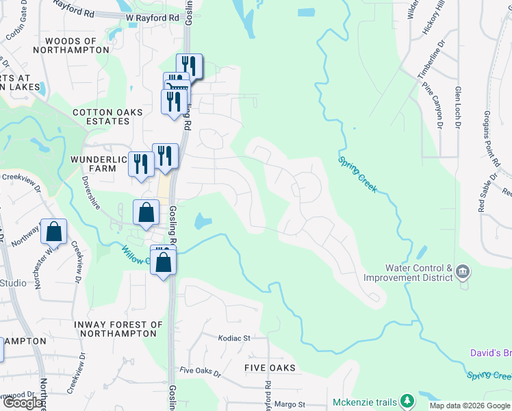 map of restaurants, bars, coffee shops, grocery stores, and more near 5331 Glenfield Spring Lane in Spring