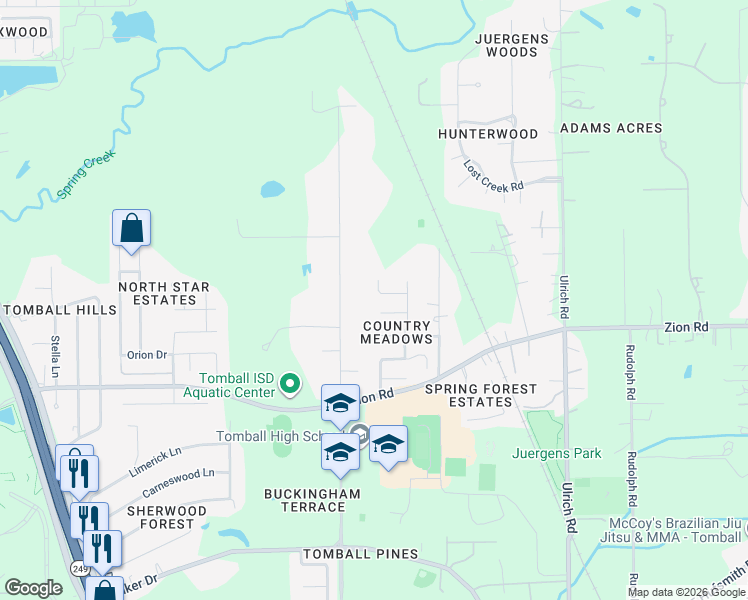 map of restaurants, bars, coffee shops, grocery stores, and more near 13627 Country Pine Court in Tomball