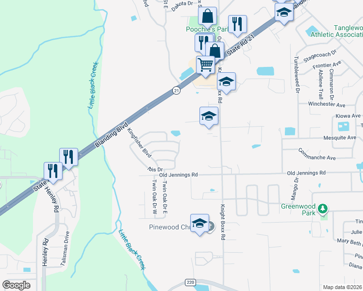 map of restaurants, bars, coffee shops, grocery stores, and more near 1533 Ibis Drive in Orange Park