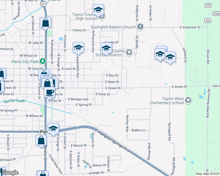 map of restaurants, bars, coffee shops, grocery stores, and more near County Road 356 in Perry