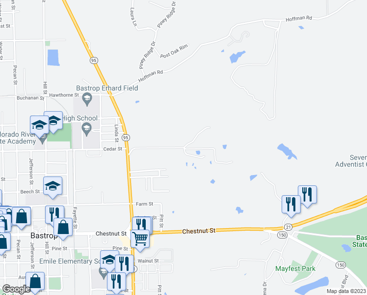 map of restaurants, bars, coffee shops, grocery stores, and more near 2100 Cedar Street in Bastrop