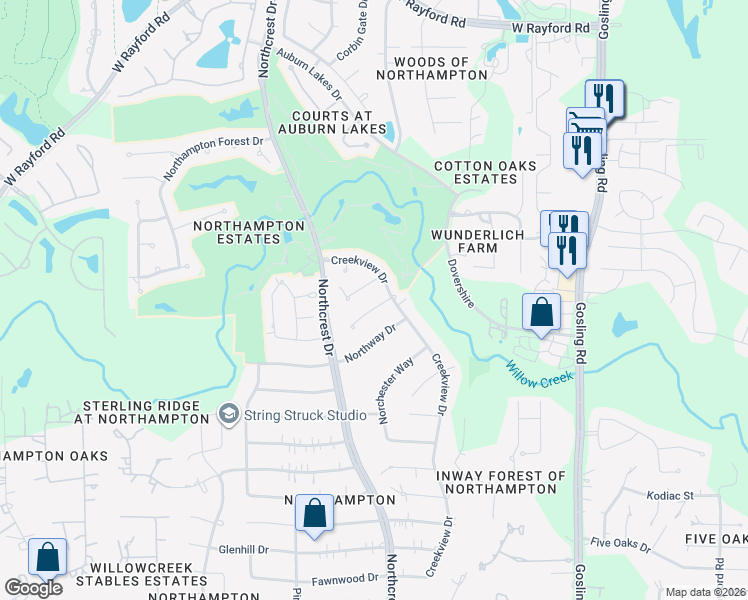 map of restaurants, bars, coffee shops, grocery stores, and more near 6110 Hampton Way Court in Spring