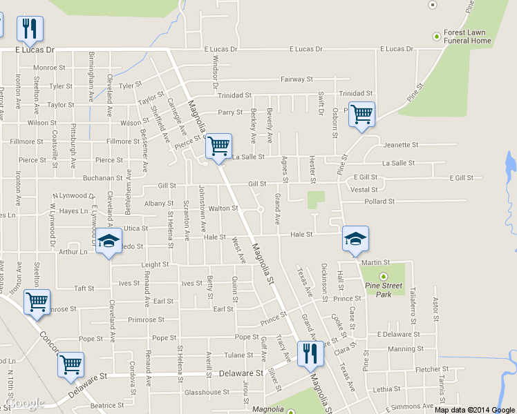 map of restaurants, bars, coffee shops, grocery stores, and more near 3710 Magnolia Street in Beaumont