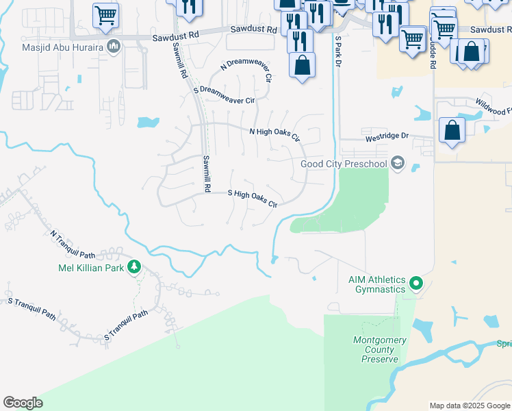 map of restaurants, bars, coffee shops, grocery stores, and more near 36 South High Oaks Circle in Spring