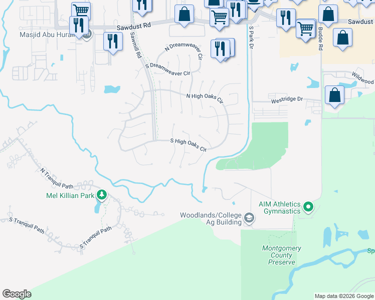 map of restaurants, bars, coffee shops, grocery stores, and more near 26 South Rain Forest Court in Spring