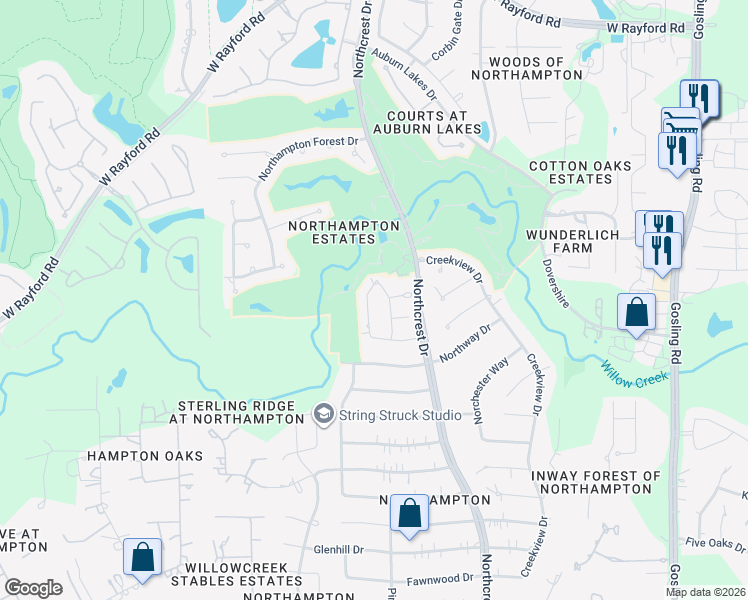 map of restaurants, bars, coffee shops, grocery stores, and more near 24618 West Kingscrest Circle in Spring