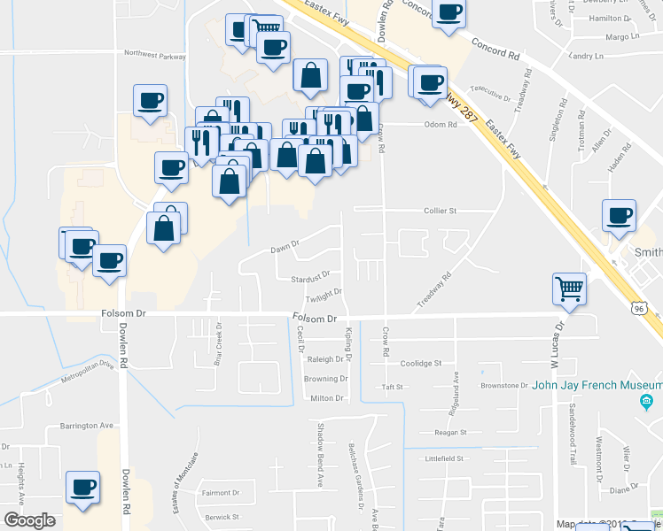 map of restaurants, bars, coffee shops, grocery stores, and more near 5030 Stardust Drive in Beaumont