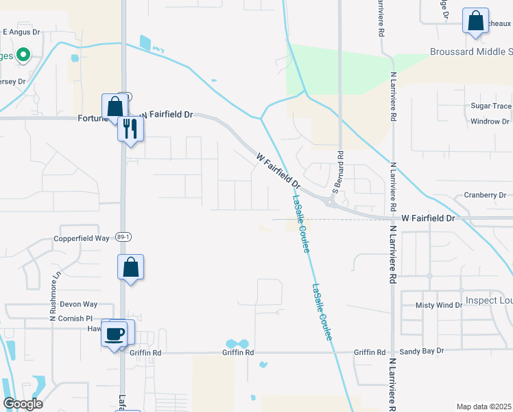 map of restaurants, bars, coffee shops, grocery stores, and more near Royal Palms Drive in Broussard