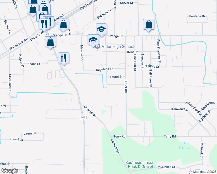 map of restaurants, bars, coffee shops, grocery stores, and more near 710 Cottonwood Street in Vidor
