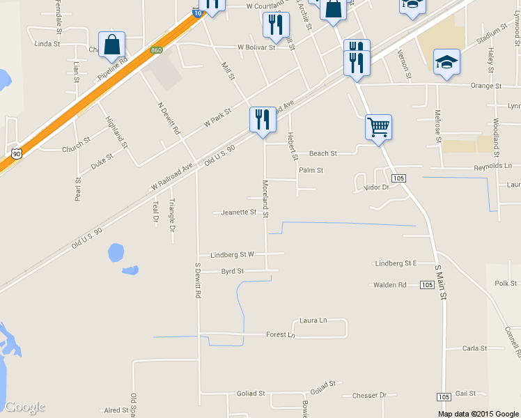 map of restaurants, bars, coffee shops, grocery stores, and more near 570 Moreland Street in Vidor