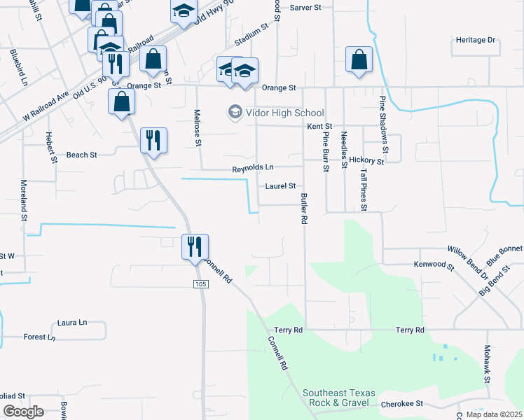 map of restaurants, bars, coffee shops, grocery stores, and more near 710 Cottonwood Street in Vidor