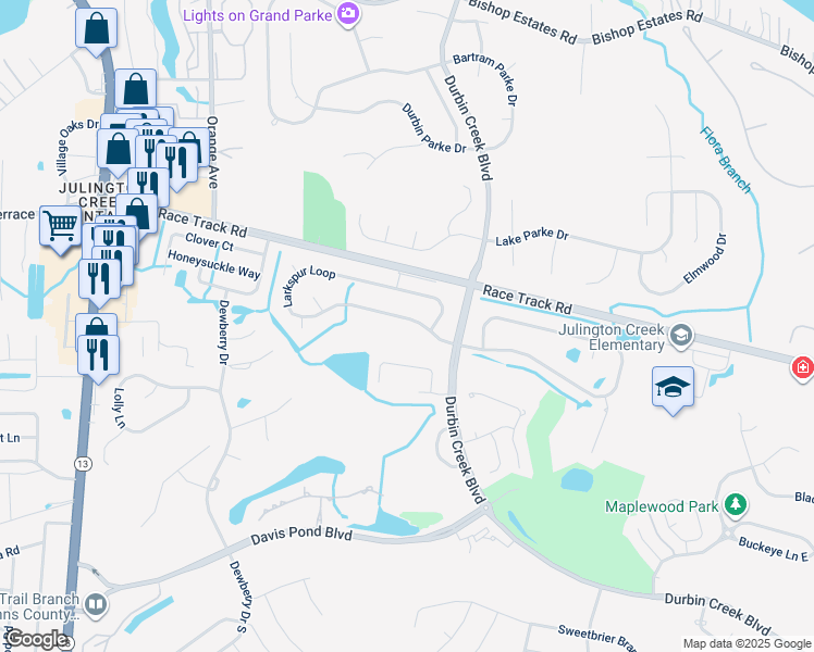 map of restaurants, bars, coffee shops, grocery stores, and more near 1007 Larkspur Loop in Jacksonville