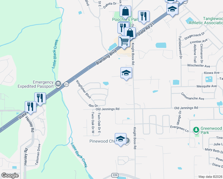 map of restaurants, bars, coffee shops, grocery stores, and more near 1533 Ibis Drive in Orange Park