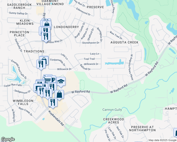 map of restaurants, bars, coffee shops, grocery stores, and more near 7918 Augusta Creek Court in Spring