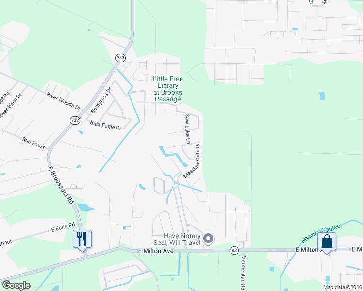 map of restaurants, bars, coffee shops, grocery stores, and more near Sleepy Brook Road in Lafayette