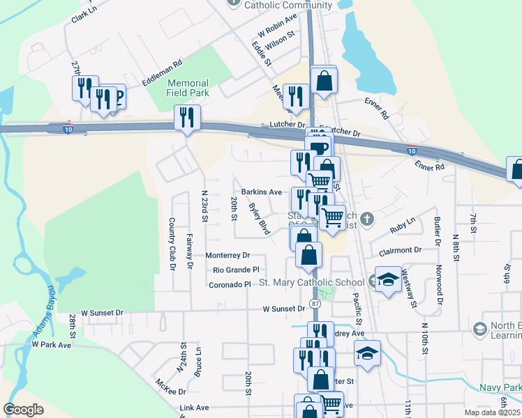 map of restaurants, bars, coffee shops, grocery stores, and more near 2973 Byley Boulevard in Orange