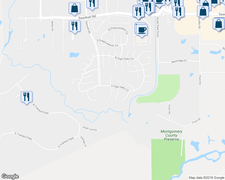 map of restaurants, bars, coffee shops, grocery stores, and more near 17 South Summer Star Court in The Woodlands