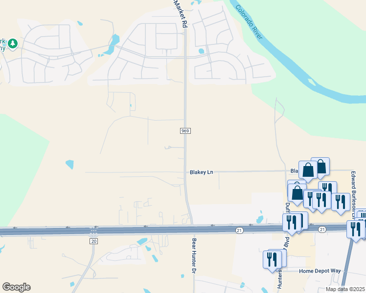 map of restaurants, bars, coffee shops, grocery stores, and more near 186 Farm to Market 969 in Bastrop