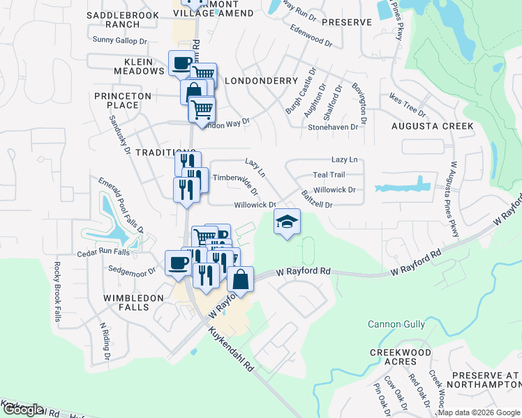 map of restaurants, bars, coffee shops, grocery stores, and more near 8217 Willowick Drive in Spring