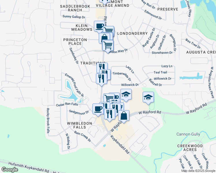 map of restaurants, bars, coffee shops, grocery stores, and more near 24603 Perry Lane in Spring