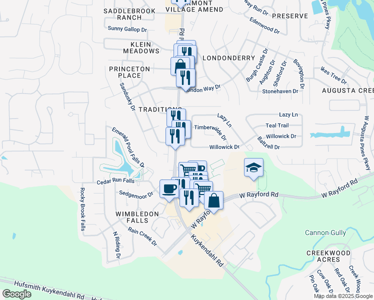 map of restaurants, bars, coffee shops, grocery stores, and more near 24603 Perry Lane in Spring