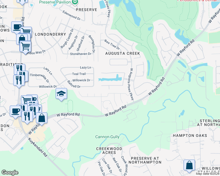map of restaurants, bars, coffee shops, grocery stores, and more near 7618 Augusta Creek Court in Spring
