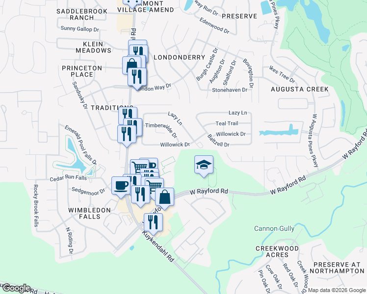 map of restaurants, bars, coffee shops, grocery stores, and more near 8217 Willowick Drive in Spring