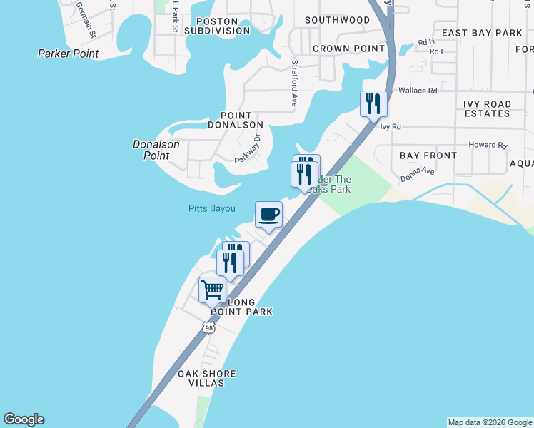 map of restaurants, bars, coffee shops, grocery stores, and more near 6020 East Highway 98 in Panama City