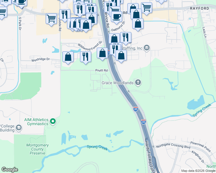 map of restaurants, bars, coffee shops, grocery stores, and more near 201 Pruitt Road in Spring