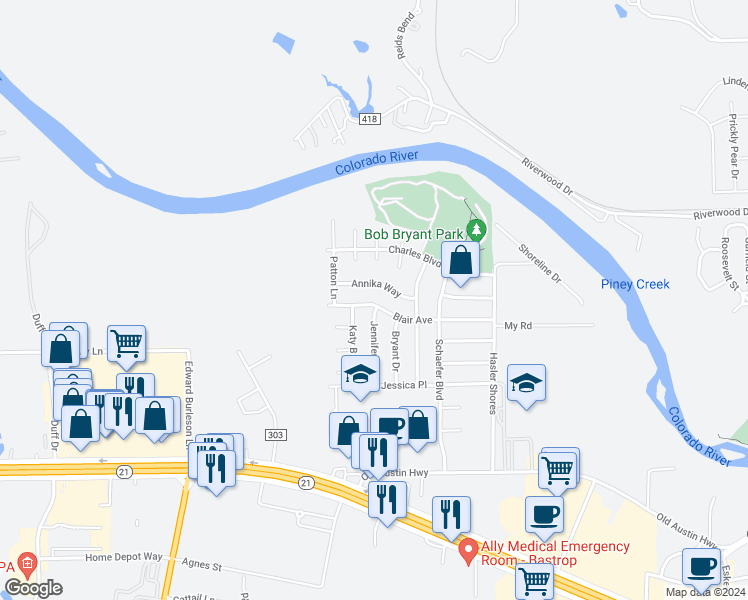 map of restaurants, bars, coffee shops, grocery stores, and more near 730 Blair Avenue in Bastrop