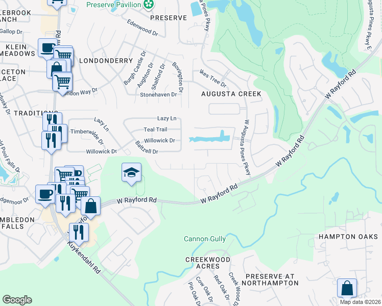 map of restaurants, bars, coffee shops, grocery stores, and more near 24614 Community Center Drive in Spring