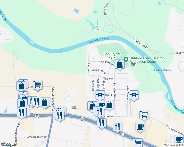 map of restaurants, bars, coffee shops, grocery stores, and more near 742 Blair Avenue in Bastrop