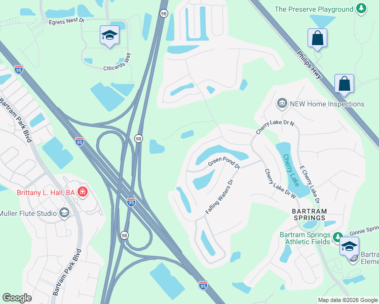 map of restaurants, bars, coffee shops, grocery stores, and more near 14447 Millhopper Road in Jacksonville